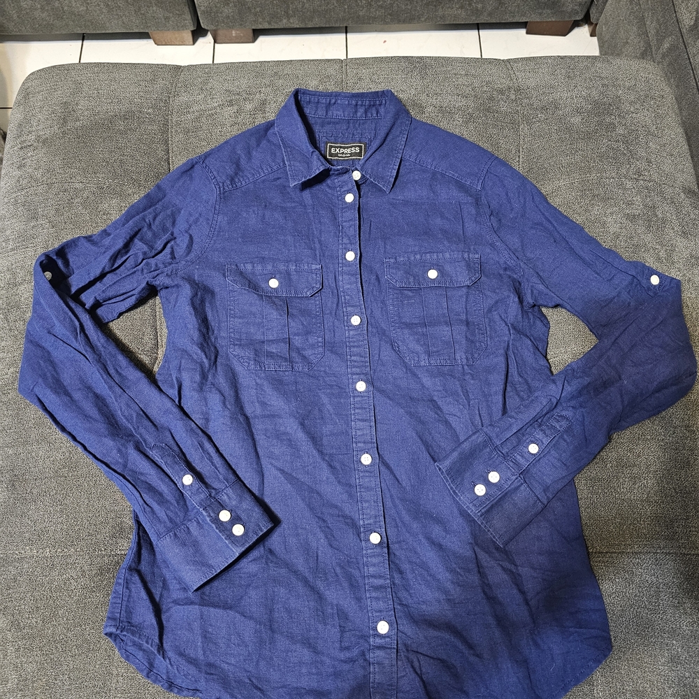Express Men's Deep Blue Button-Down Shirt with White Buttons